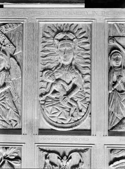 Interior.
Detail of carved wooden panel.