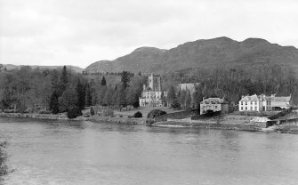 Dunkeld, Dunkeld Cathedral.
View of Cathedral, Manse and houses from South-East across river.