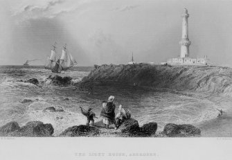 Engraving showing view of Girdleness Lighthouse, Aberdeen.
Titled: 'The Light House, Aberdeen'. 'London: Published for the Proprietors by Geo: Virtue, 26, Ivy Lane, 1840'.
