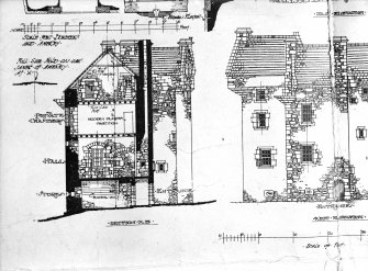 Dundee, Claypotts Road, Claypotts Castle.
Photographic copy of part of drawing showing sections AB and West elevation.