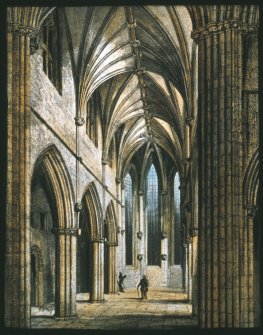 Hand painted slide showing interior of Trinity College Church on original site.