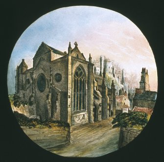 Hand painted slide showing Trinity College Church on original site