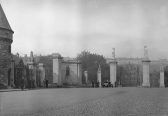 General view of Memorial to King Edward VII, including gates, from North West