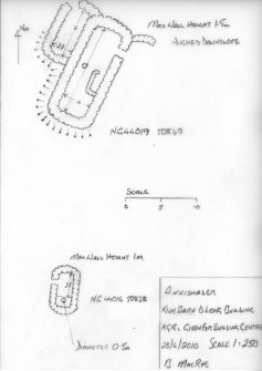 Annishader: dimensioned sketch of part of Main Group (NG 440 509): long building at NG 44019 50869 and kiln barn at NG 44016 50838