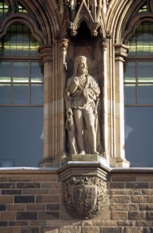 View of statue of James I, King of Scots,  second from left on eastern section of N facade.