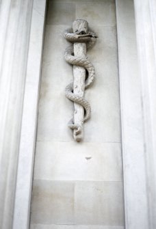 View of carving of staff of Aesculapius, one of a pair flanking entrance on N facade.