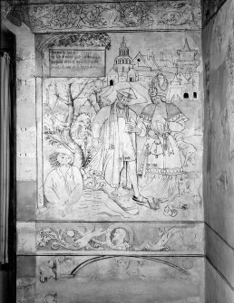 Interior, Kinneil House, Bo'Ness.
Detail of painted wall showing three figures with inscription.