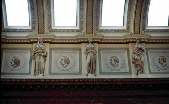 View of the frieze in the Hall, showing portrait profiles of Alexander Monro primus, William Cullen, Edward Jenner and Mathew Baillie, with representations of Hygeia.