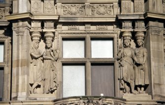 View of two pairs of caryatids representing Ireland (left) and France (right), first floor, E bay on Princes Street.