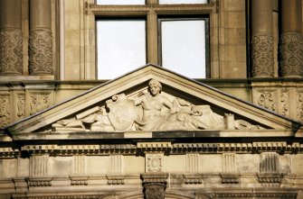 View of pediment sculpture above main entrance on Princes Street.
