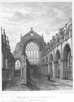 Engraving showing Interior view of Holyrood Abbey
Insc. "The Chapel Royal, Holyrood Palace. Interior looking East.  Drawn by T.H. Flounders. Engraved by Macglashon & Wilding.  Published by D. Anderson, Keeper of the Chapel Royal.  1855"