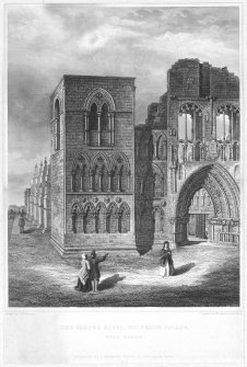 Engraving showing West front of Holyrood Abbey. 
Insc. "The Chapel Royal, Holyrood Palace. West Front.  Drawn by T.H. Flounders.  Engraved by Macglashon & Wilding.  Published by D. Anderson, Keeper of the Chapel Royal. 1855"