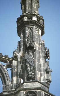 View of statues of Saladin (left) and Friar Tuck (right), on upper tier of SE buttress.