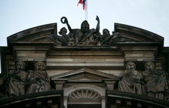 View from N of statues representing Britannia and her children, within pediment at top of central bay, N side, with two pairs of caryatids below.