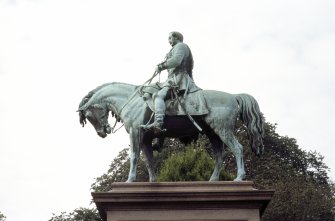 View of Albert Memorial, showing equestrian statue of Prince Albert.