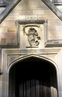 View of carved Rutherford coat of arms, above front door of Lauriston Castle.