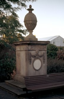 View of Linnaeus Monument, on terrace behind glass houses.