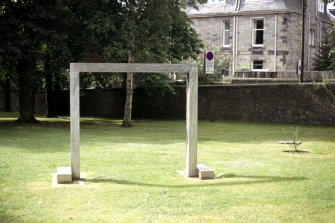 View of sculpture, 'Gate', in grounds of Dean Gallery.