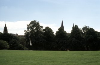 View of sculpture, 'Two Lines Up Excentric VI', in grounds of Dean Gallery.