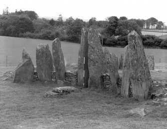 Henshall A S 1972 The Chambered Tombs of Scotland (Edinburgh) 2, Pl 10
'Cairnholy I (KRK 2), the facade after excavation (the closing stone now laid flat in the forecourt), from the NE'