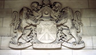 View of coat of arms of the National Bank of Scotland, above entrance to 42 St Andrew Square.