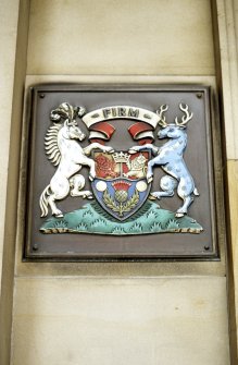 View of heraldic panel, one of two either side of entrance to 42 St Andrew Square.