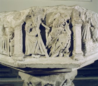 Interior.
Detail of carved panel on font.