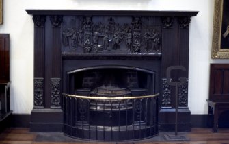 View of fire surround carved with scenes from The Merchant of Venice, in Parliament Hall.