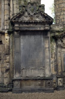View of monument to Bishop George Wishart, against inside of N wall of N aisle in Holyrood Abbey..