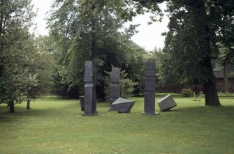 View of sculpture 'Conversation with Magic Stones', in grounds of the Scottish National Gallery of Modern Art.
