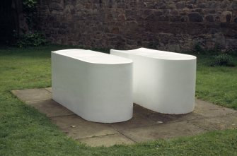 View of sculpture 'Untitled (Pair)', in grounds of the Scottish National Gallery of Modern Art.
