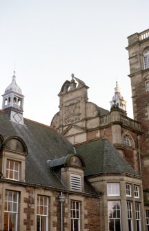 View of part of N facade of New Craig, showing Royal Arms of Scotland.