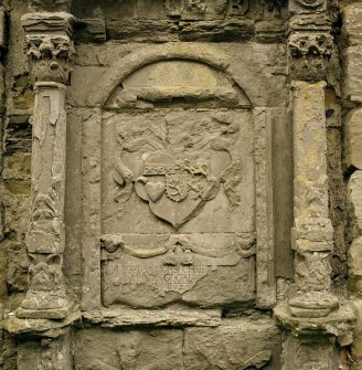 Fearn Abbey.  Ross aisle, detail of central panel of mural monument on North wall.