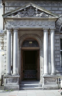 View of entrance to building, showing Bank of Scotland coat of arms in pediment.