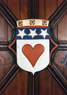 Detail of the Heraldic Shield of the arms of the Earl of Douglas at St Machar's Cathedral, Chanonry, Aberdeen.
Shield: Argent, a human heart gules, on a chief azure three stars of the field.