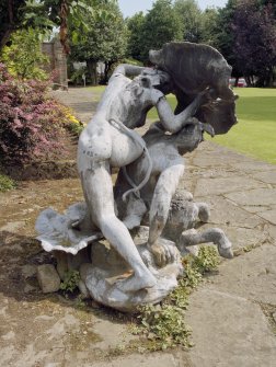 Lead sculpture by Charles Mackie in garden to South of main house at Wester Lea, Ellersly road, Edinburgh. View from West.