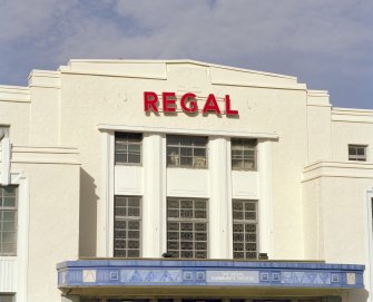 Detail of REGAL sign above main entrance to the Regal Cinema, Bathgate.