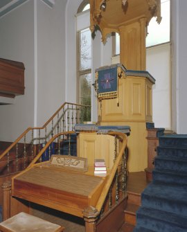 Interior: view of St Martins Parish Church pulpit and stairs from North