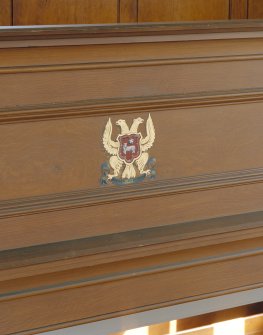 Interior: detail of sample guild insignia on the balcony in St Martins Parish Church