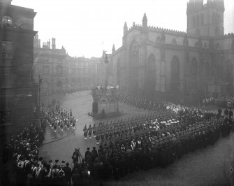 Proclamation of the Accession of King George VI in Edinburgh. From left to right on Mercat cross, Captain HAB Lawson, Unicorn Pursuivant, Thomas Innes of Learney, Albany Herald, Sir Francis Grant, Lord Lyon King of Arms, Sir Alexander Hay Seton of Abercorn, Carrick Pursivant and Lt. Col. JW Balfour Paul, Falkland Pursuivant.Ceremony  in Parliament SquareProclamation of the Accession of King George VI.