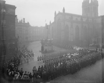 Proclamation of the Accession of King George VI.From left to right on Mercat cross, Captain HAB Lawson, Unicorn Pursuivant, Thomas Innes of Learney, Albany Herald, Sir Francis Grant, Lord Lyon King of Arms, Sir Alexander Hay Seton of Abercorn, Carrick Pursivant and Lt. Col. JW Balfour Paul, Falkland Pursuivant.Ceremony  in Parliament SquareProclamation of the Accession of King George VI.