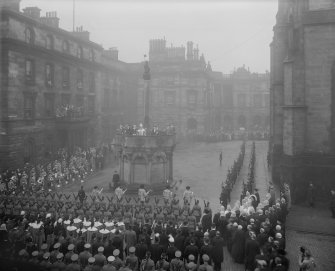 Proclamation of the Accession of King George VI.From left to right on Mercat cross, Captain HAB Lawson, Unicorn Pursuivant, Thomas Innes of Learney, Albany Herald, Sir Francis Grant, Lord Lyon King of Arms, Sir Alexander Hay Seton of Abercorn, Carrick Pursivant and Lt. Col. JW Balfour Paul, Falkland Pursuivant.Ceremony  in Parliament Square