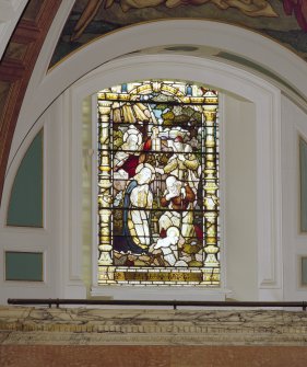 Interior, detail of left hand stained glass window in chancel