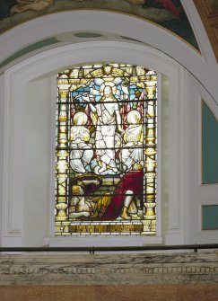 Interior, detail of right hand stained glass window in chancel
