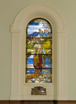 Interior of St Cuthbert's Church, Lothian Road, Edinburgh, balcony level, view of Tiffany stained glass window on north wall