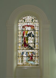 Interior, balcony level, view of stained glass window on south wall