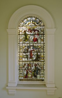Interior, 1st. floor lobby, view of stained glass window at south end