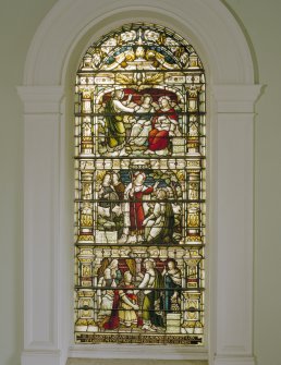 Interior, 1st. floor lobby, detail of stained glass window at south end