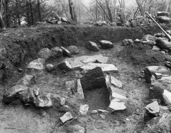 View of Kalemouth cairn during excavation showing cist.