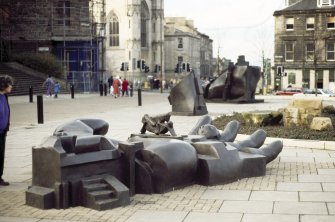 View of sculpture 'The Manuscript of Monte Cassino', outside St Mary's Metropolitan Cathedral, Picardy Place.